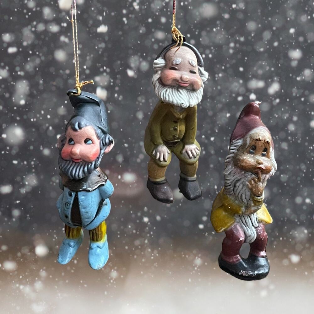 Vtg. Set of 3 Macau Gnome Dwarf Elves Christmas Ornaments Pixie Fairycore Figure